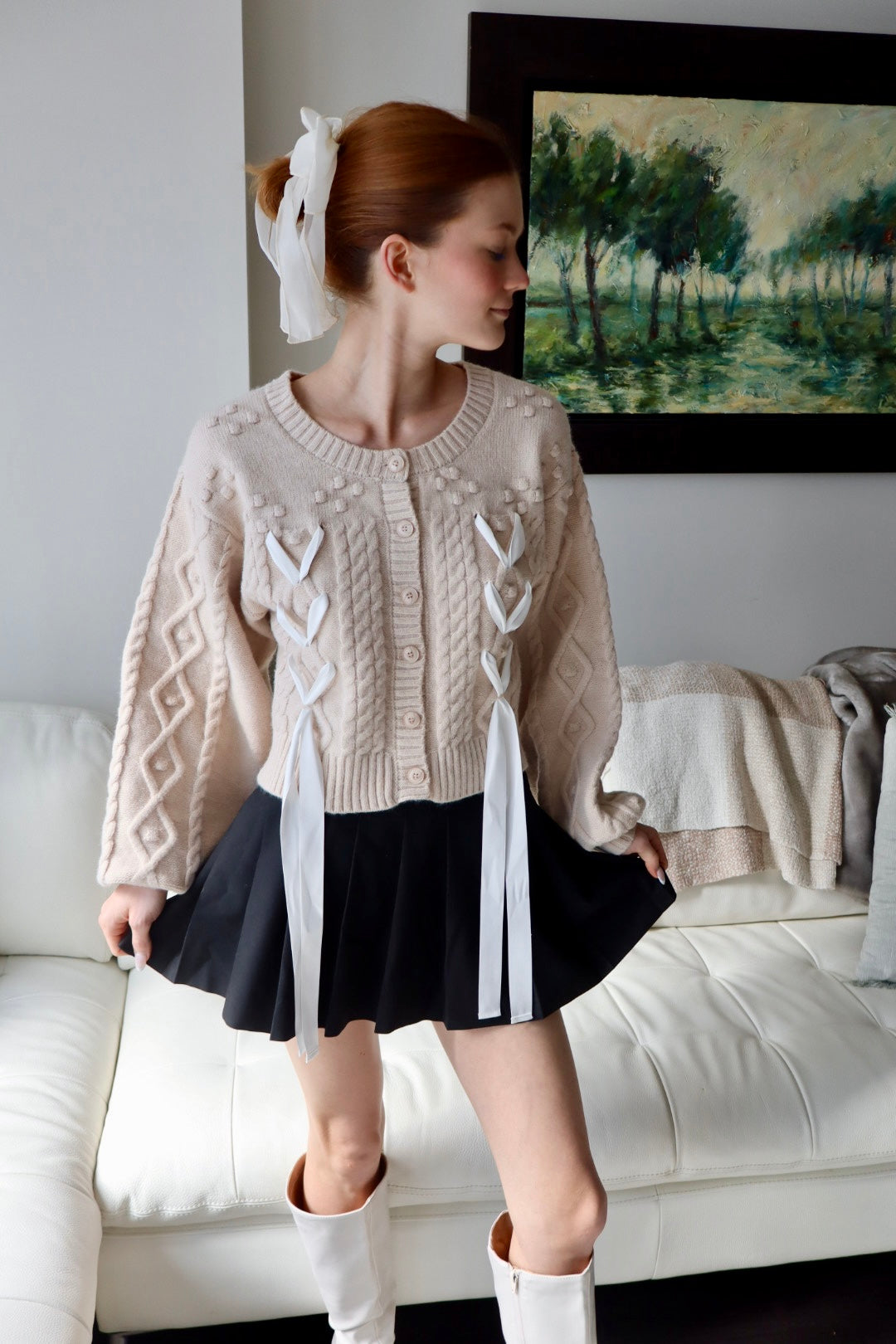 Belle Bow Embroidered Cable Knit Cardigan