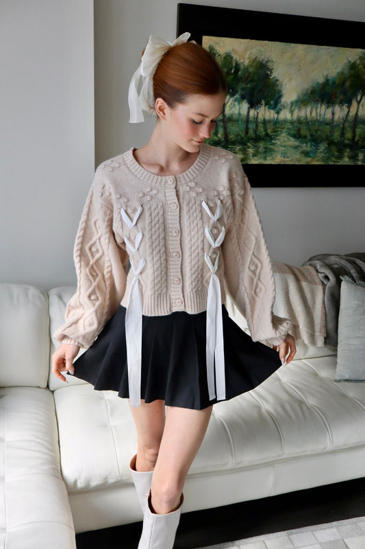 Belle Bow Embroidered Cable Knit Cardigan