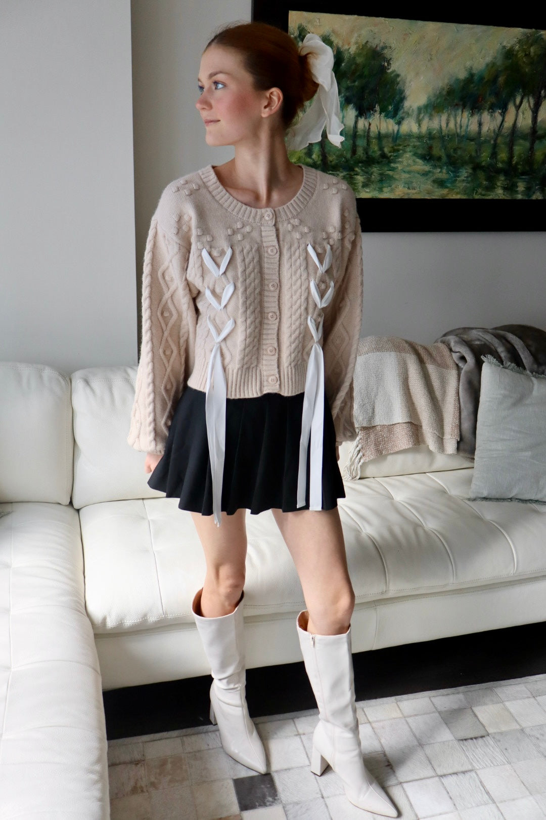 Belle Bow Embroidered Cable Knit Cardigan