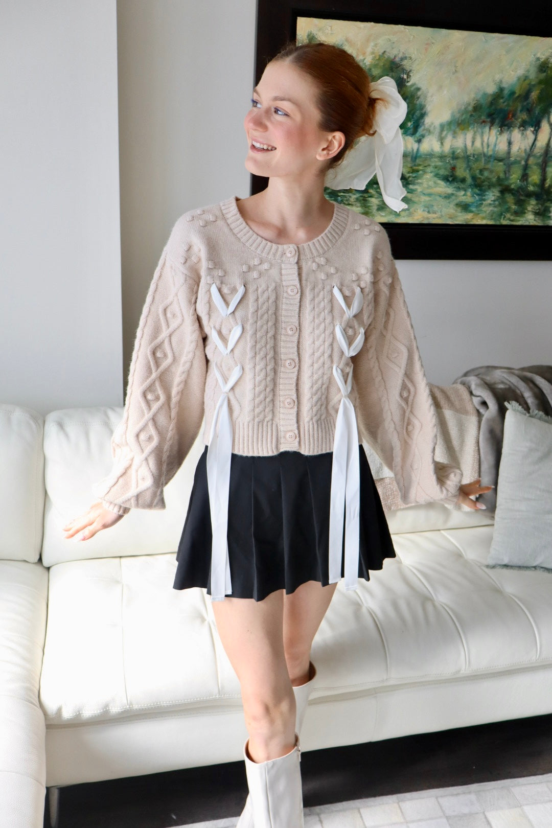 Belle Bow Embroidered Cable Knit Cardigan