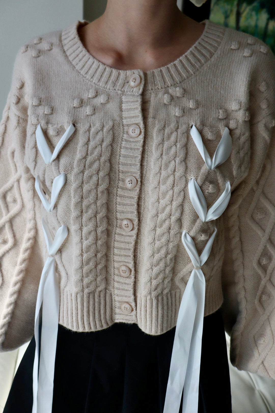 Belle Bow Embroidered Cable Knit Cardigan