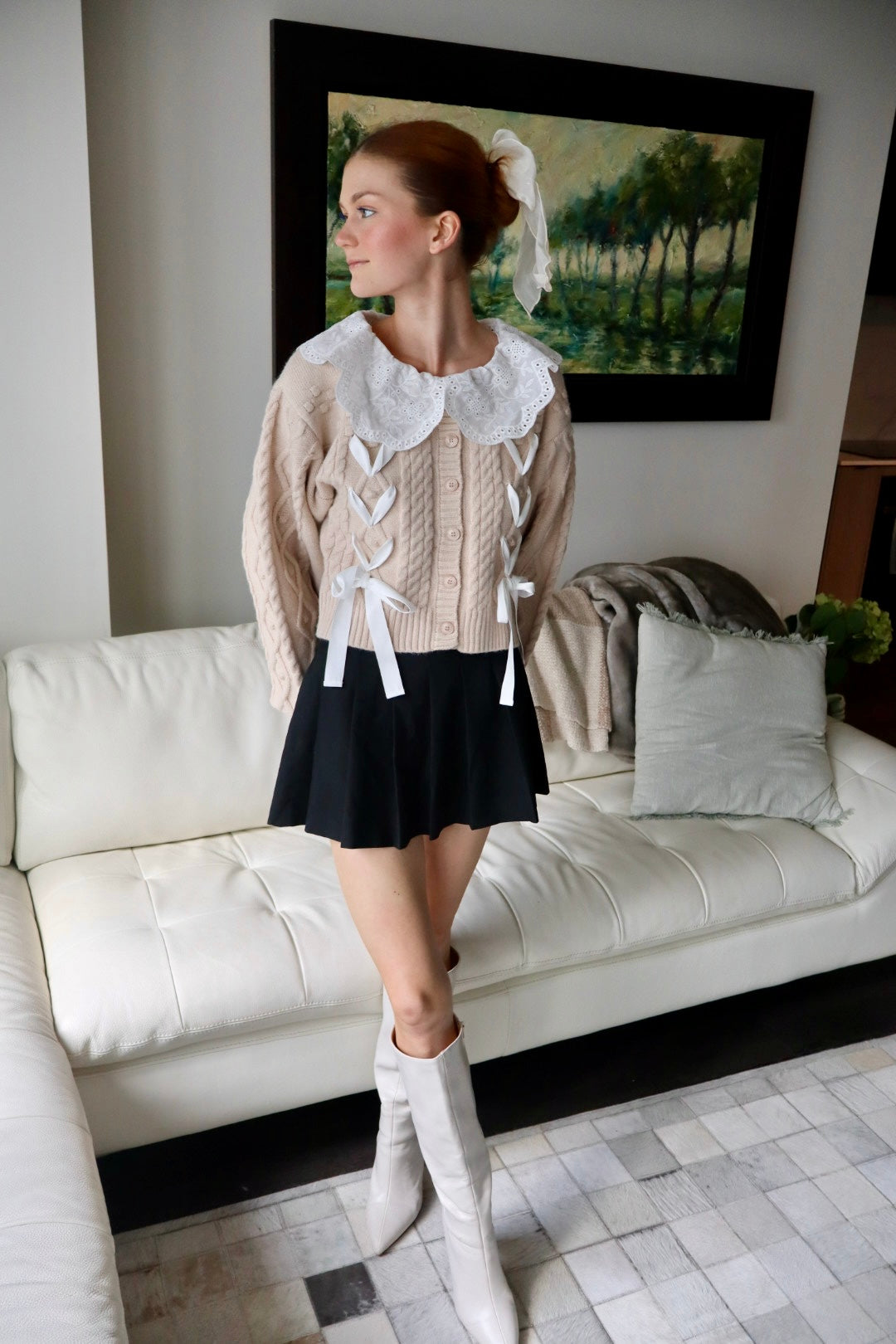 Belle Bow Embroidered Cable Knit Cardigan