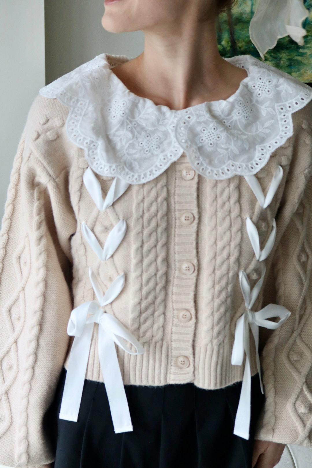 Belle Bow Embroidered Cable Knit Cardigan